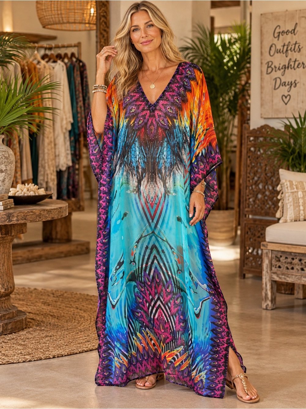 Sakkas Turquoise Purple Orange Multicolor V-Neck Kaftan Cover-Up